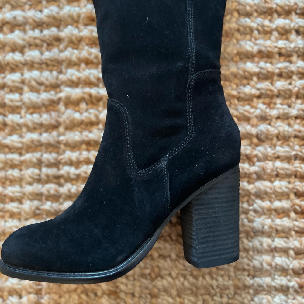 Kelsi Dagger Black Over the Knee Boots with Chunky Heel